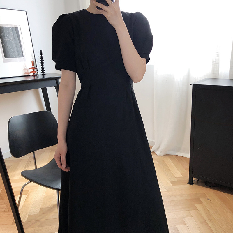 Vestido Casual Feminino de Verão Novo 2025 com Decote Redondo, Cor Sólida, Laço, Manga Curta e Manga Bubbly