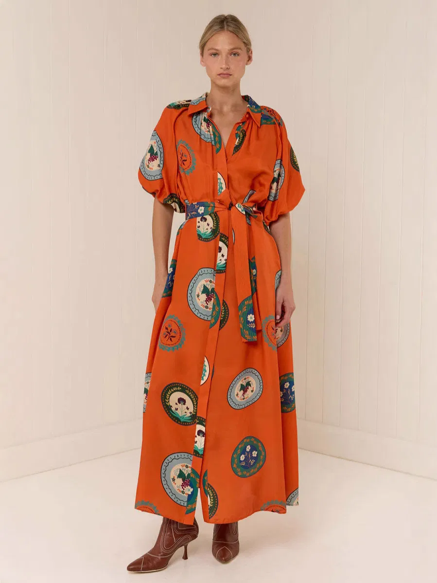 Vestido Midi Camisa Floral Amarelo para Mulheres com Mangas Curtas e Cinto Amarrado Casual para o Verão