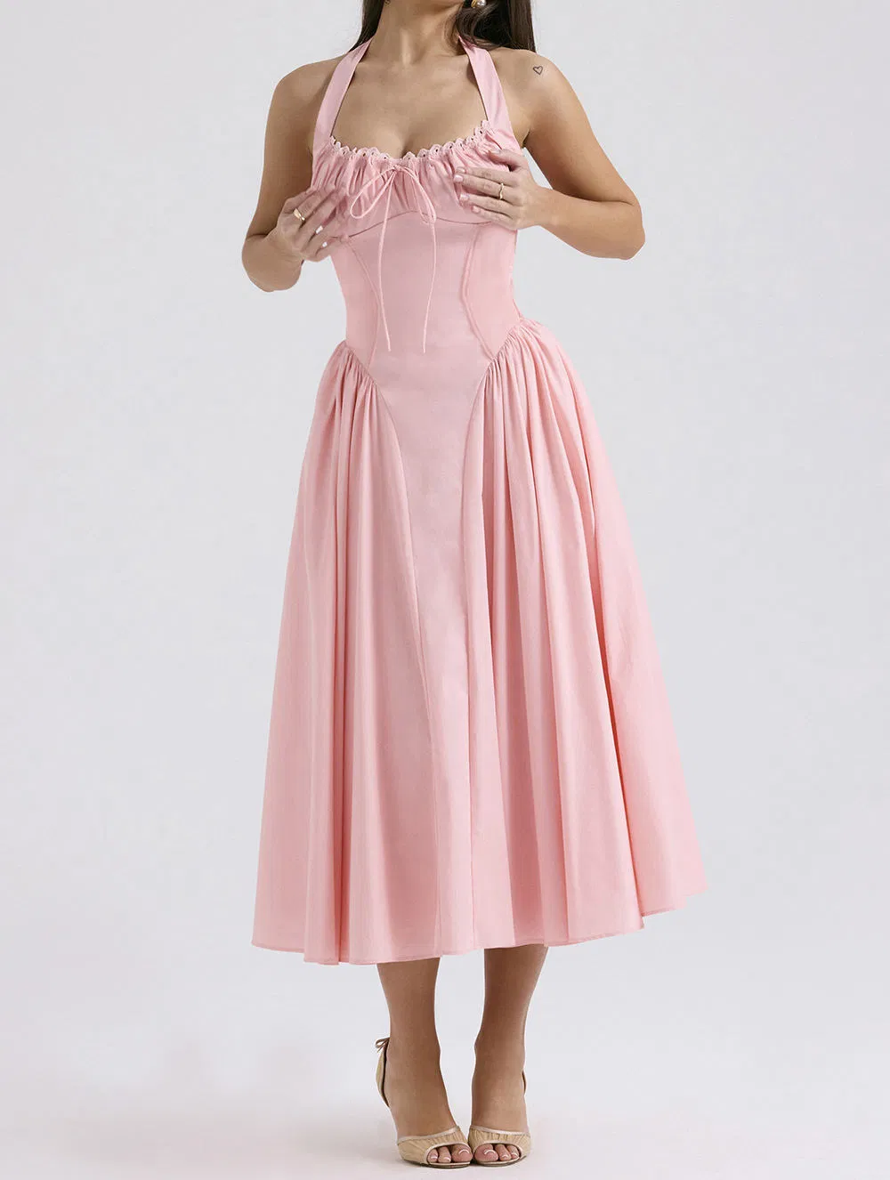 Preço de Fábrica Vestido MIDI de Algodão Rosa Feminino com Decote Halter Vestido Elegante para Noite Casual Festa Personalizável OEM/ODM Todos os Tamanhos Disponíveis