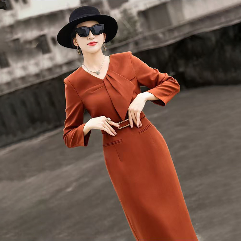 Novo Estilo Elegante Vestido Casual de Negócios Feminino de Manga Longa Laranja Corte Reto