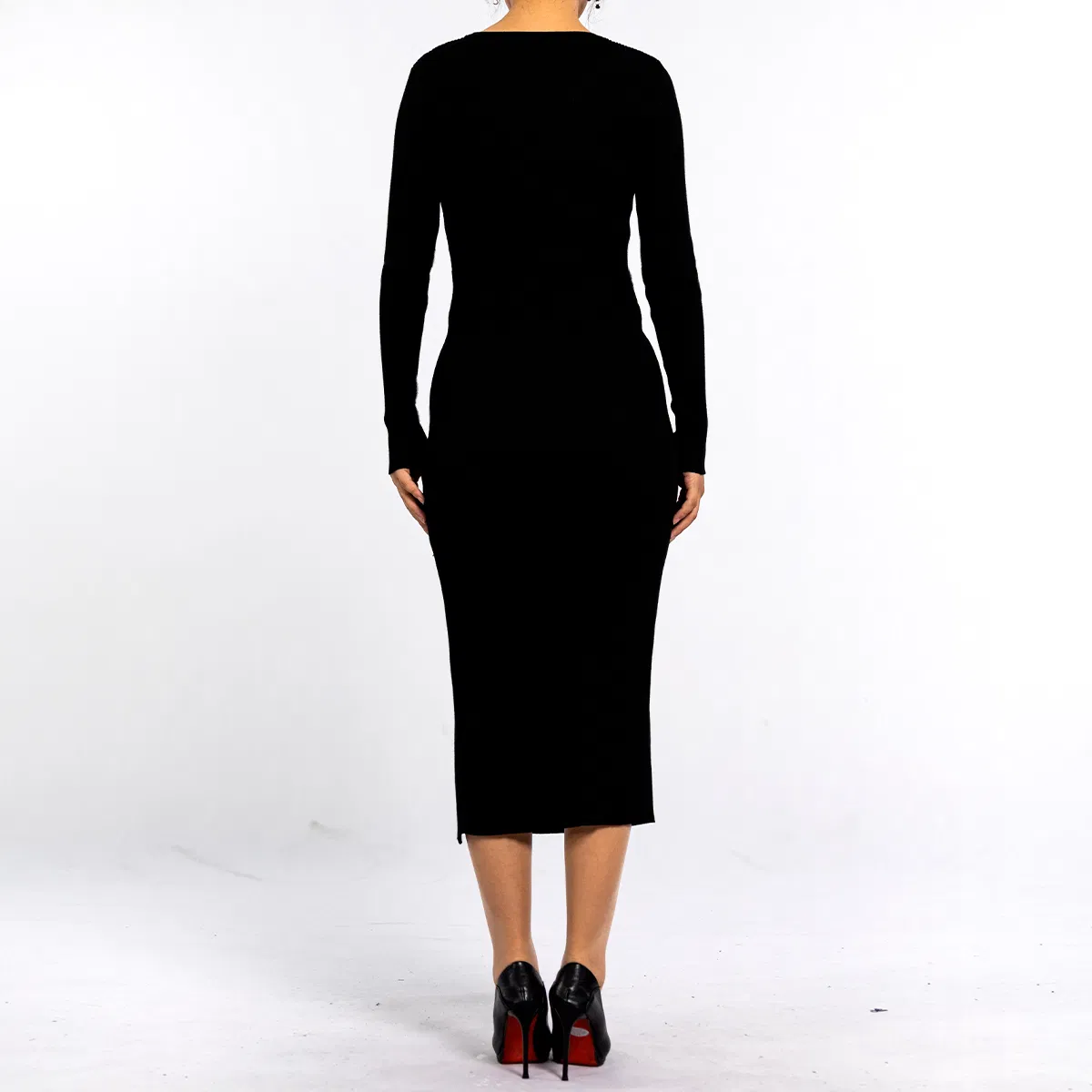 Vestido preto casual envolvente de manga longa com bainha aberta de malha para mulheres na primavera