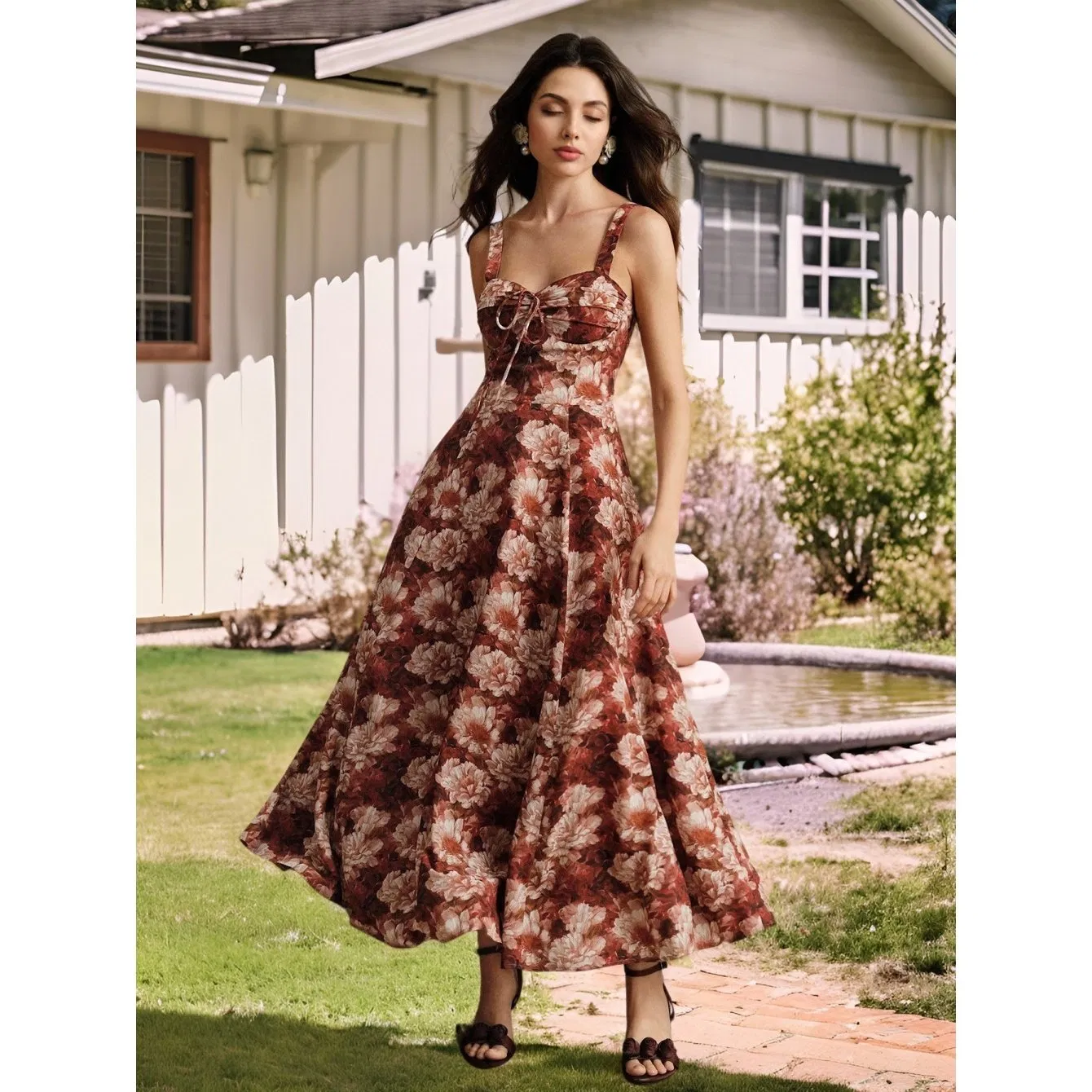 Vestido Cami Floral Rustico para Mulheres, Alça Larga, Decote Quadrado, Costas Descobertas, A-Line, Maxi, Casual, Festa, Praia, Uso em Férias