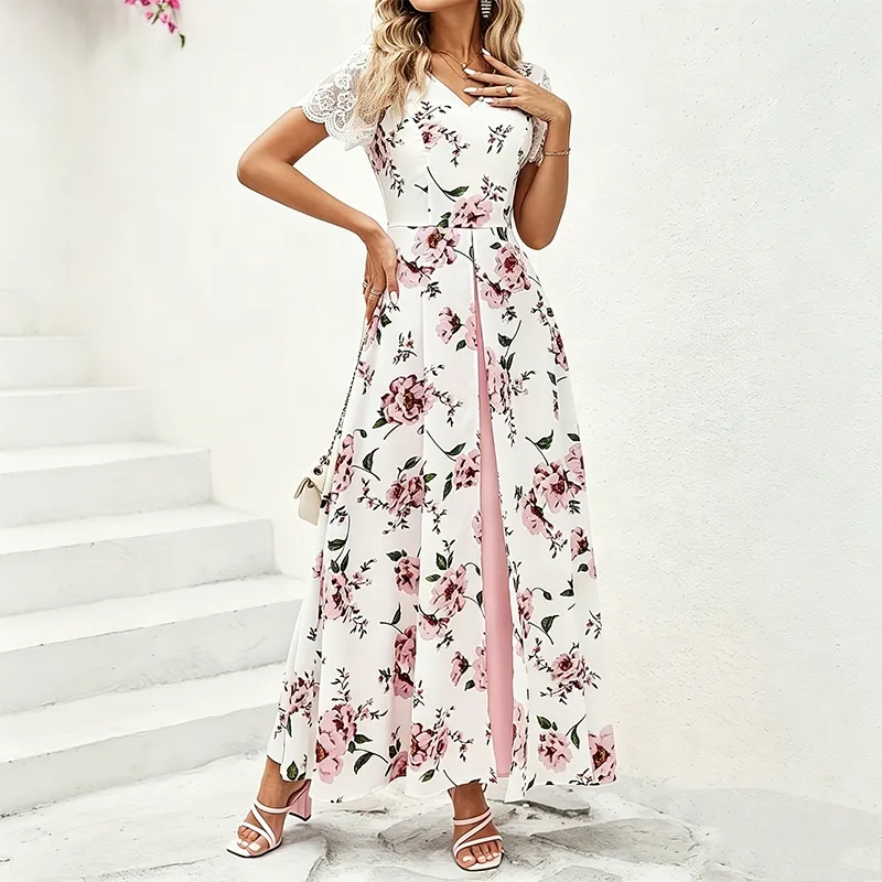 Vestido Maxi Sem Mangas com Estampa de Folhas Verdes Boho, Decote em V, Frente Torcida, Cintura Alta, Fluido, em Camadas, Casual de Verão para Praia