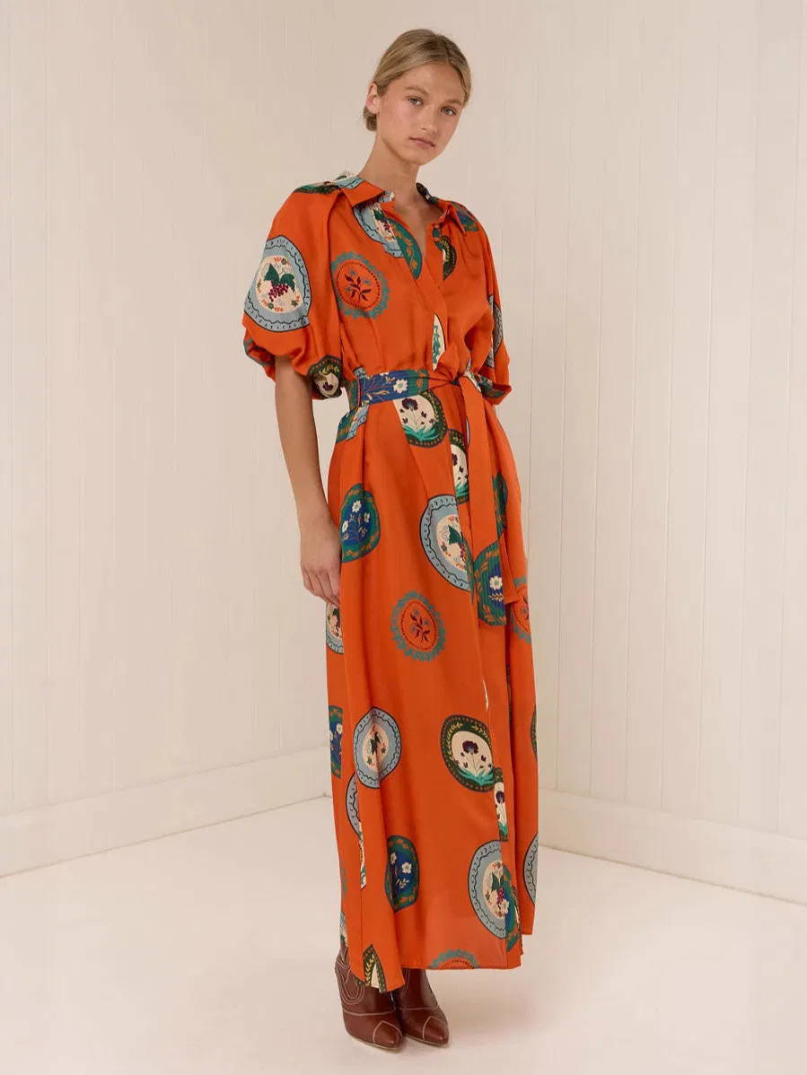 Vestido Maxi Camisa Laranja Estampado para Mulheres Verão com Manga Puff Curta e Cinto Autoajustável Casual Boho Longo