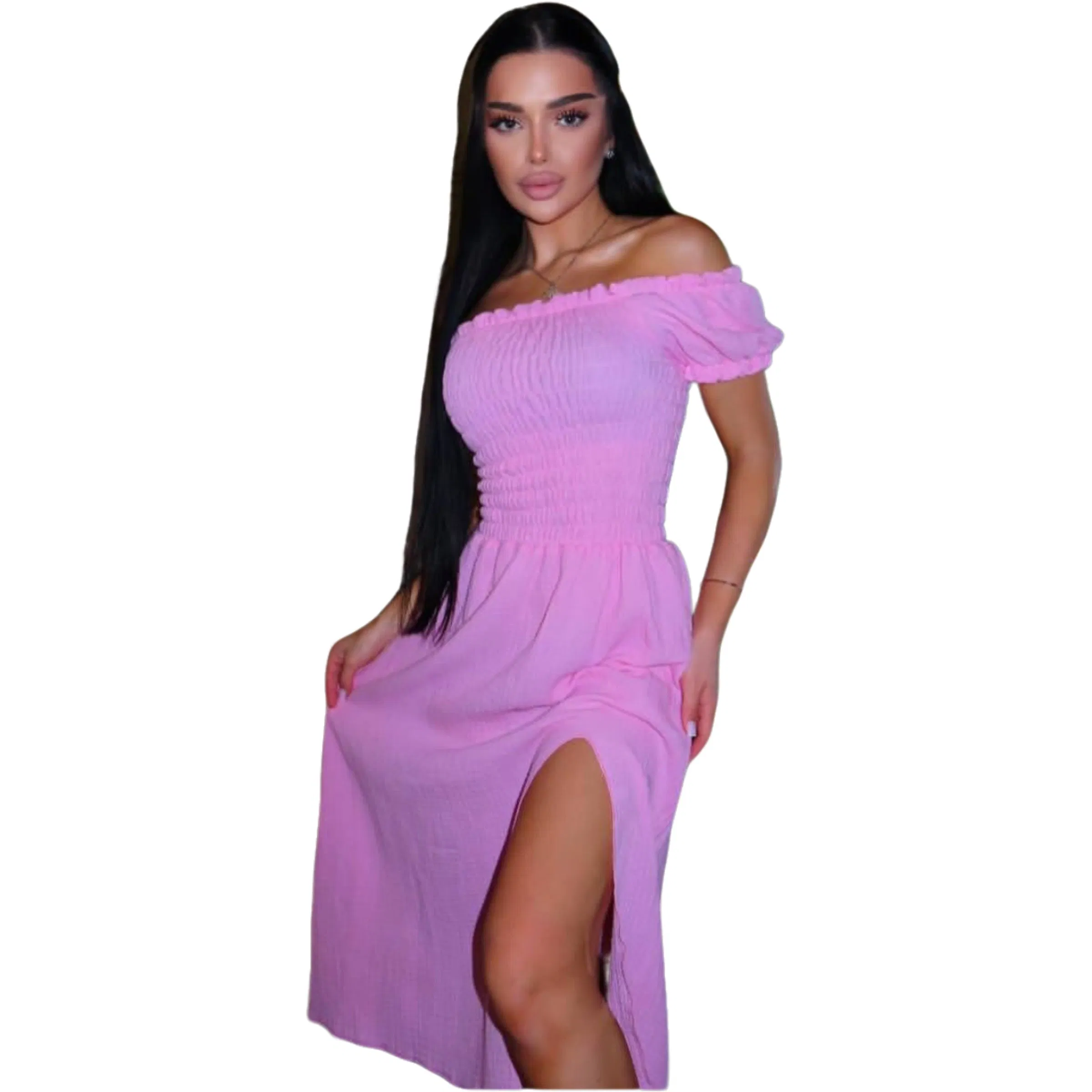 Ky Women off Shoulder Puff Short Sleeve Smocked Waist MIDI Dress High Split Summer Casual Flowy Vacation Beach Dress