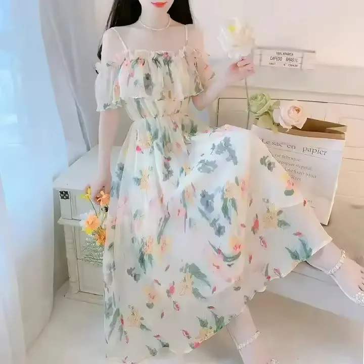 um Vestido Plissado de Chiffon Elegante e Nobre, Adequado para Atividades Casuais na Primavera