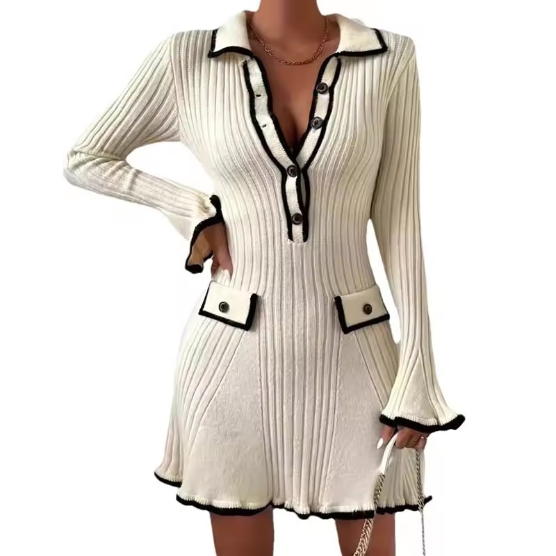 Vestido Elegante de Tricô para Mulheres, Suéter de Manga Longa, Malha de Inverno, Suéter de Botão, Vestidos Casuais para Mulheres
