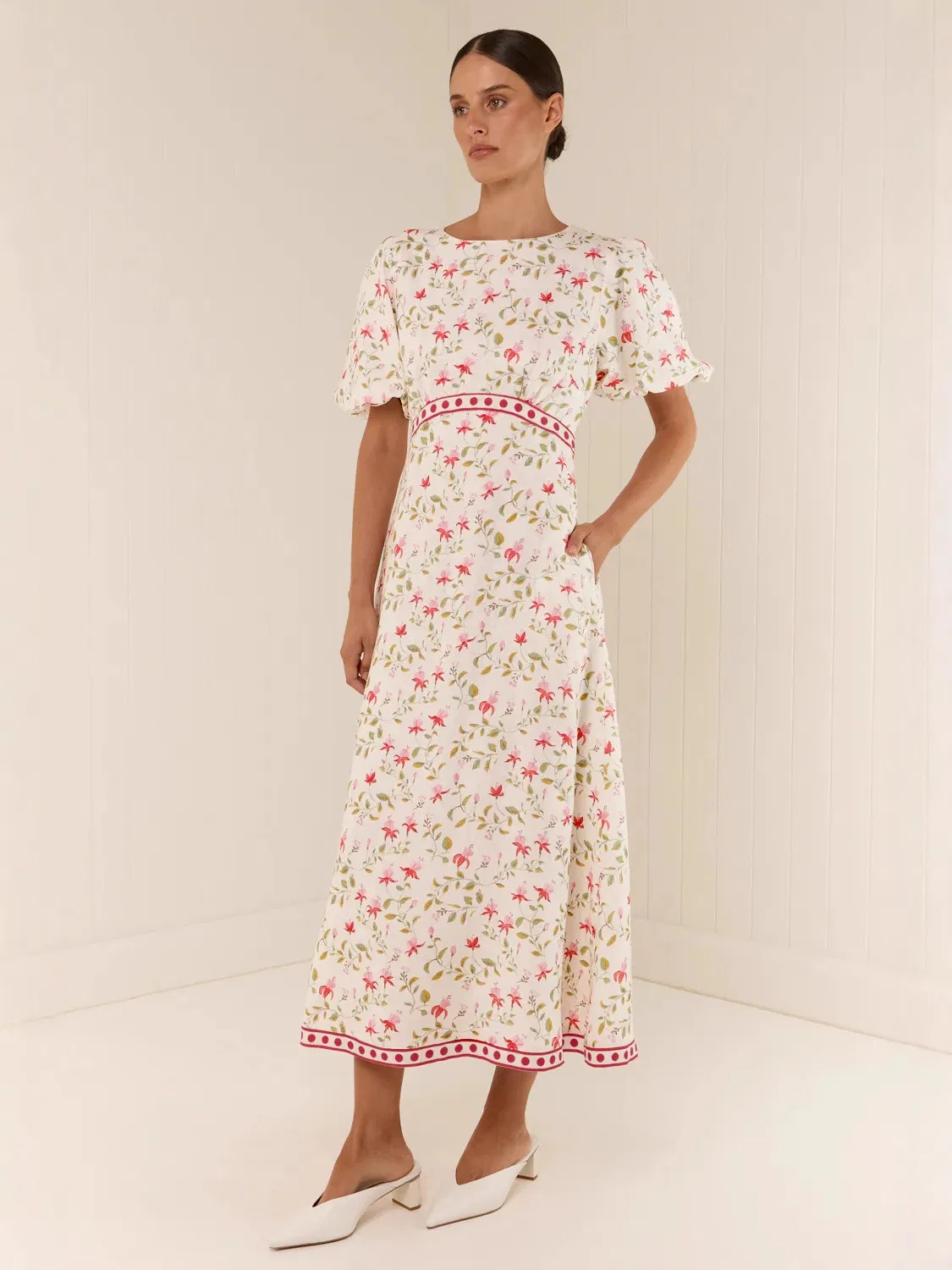 Vestido MIDI de Linho com Mistura para Mulheres, Decote Redondo, Manga Bufante, Estampa Floral com Acabamento em Contraste, Vestido Casual de Verão