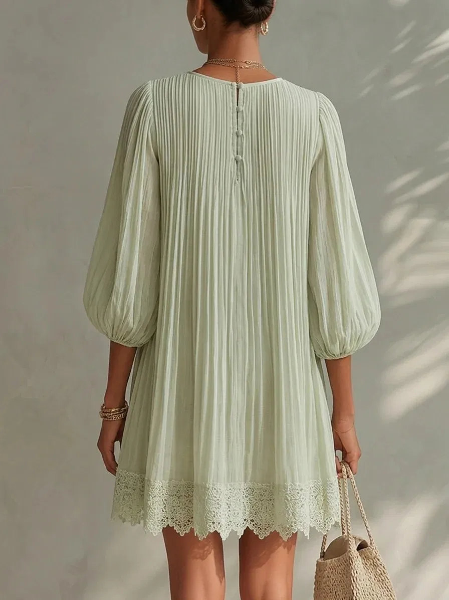 Vestido Mini de Manga Bufante com Decote em V e Barra de Renda Plissada Verde Claro, Vestido Casual Boêmio para Férias