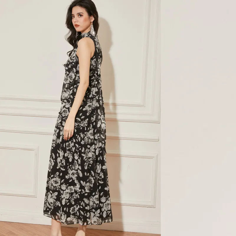 Último Vestido Longo Casual Vintage para Mulheres, Vestido Maxi de Chiffon Floral Estampado para Praia Boho