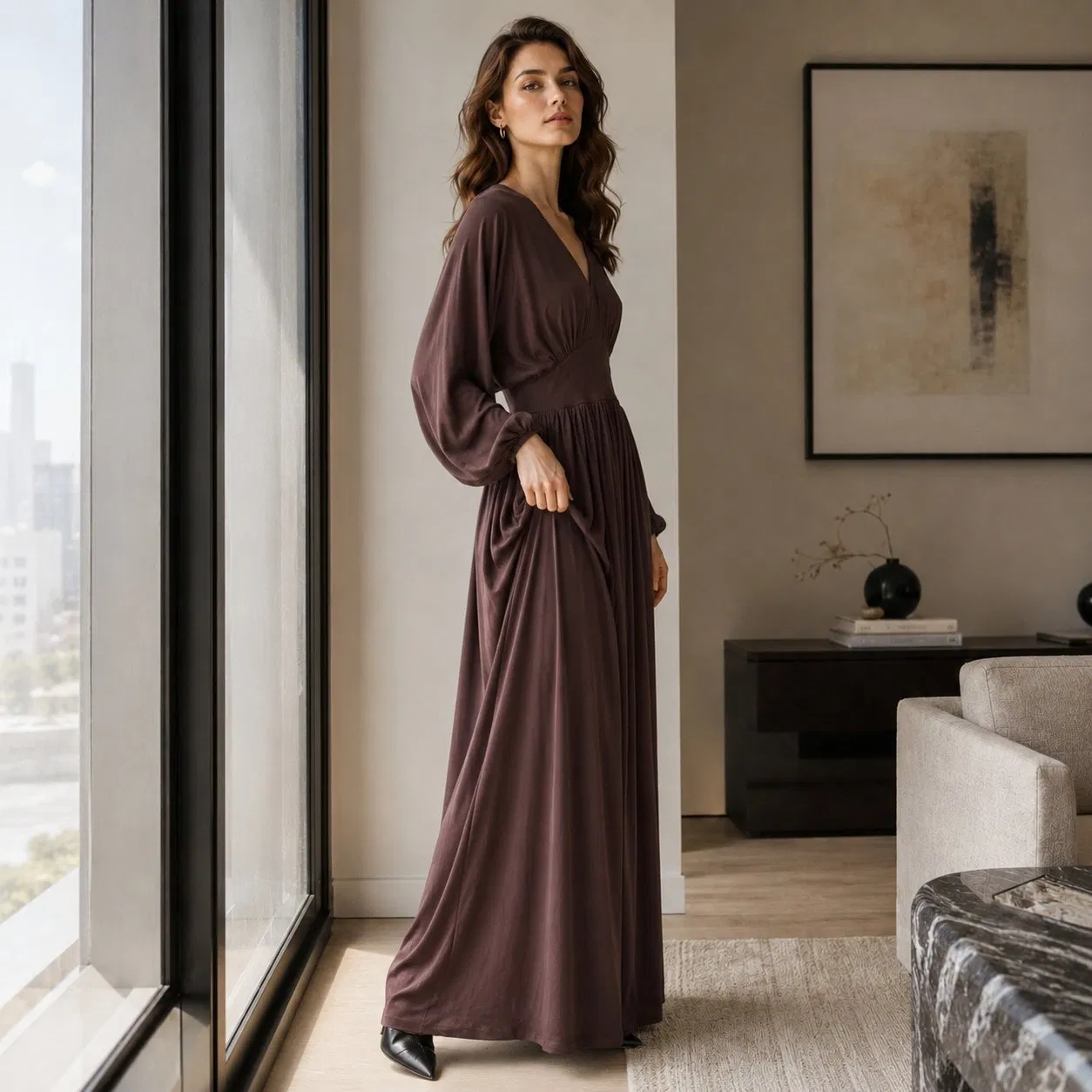 Vestido Maxi com Decote em V Sólido, Cintura Reunida, Manga Longa Balão, Solto e Fluido, Comprimento até o Chão, Casual, para Lazer, Cor Personalizada em Estoque, Atacado