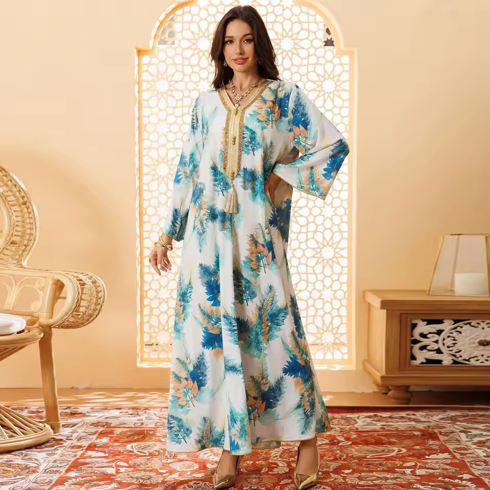Novo Vestido Longo de Manga Longa Casual Estampado Elegante para Mulheres Muçulmanas