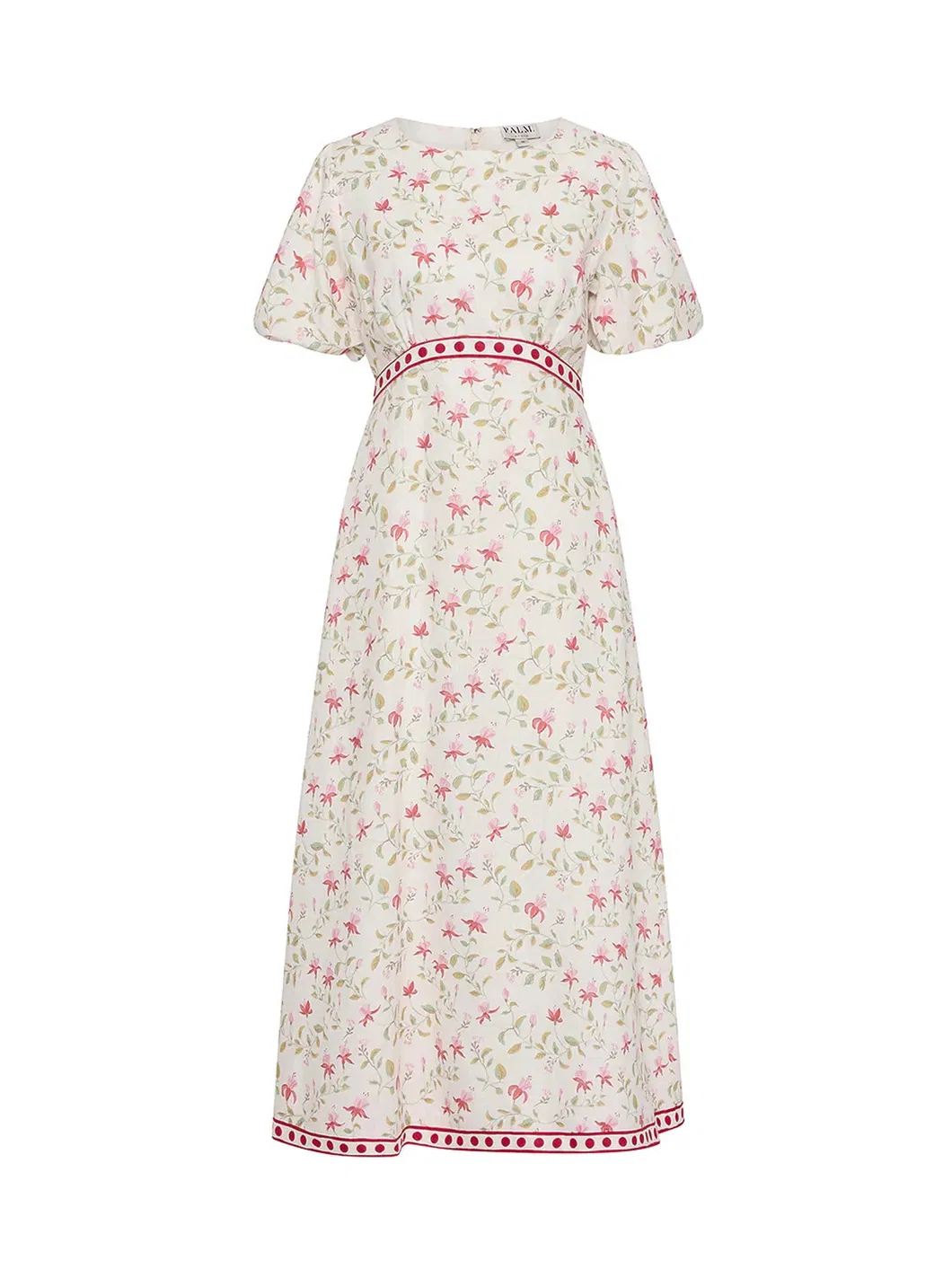 Vestido MIDI de Linho com Mistura para Mulheres, Decote Redondo, Manga Bufante, Estampa Floral com Acabamento em Contraste, Vestido Casual de Verão