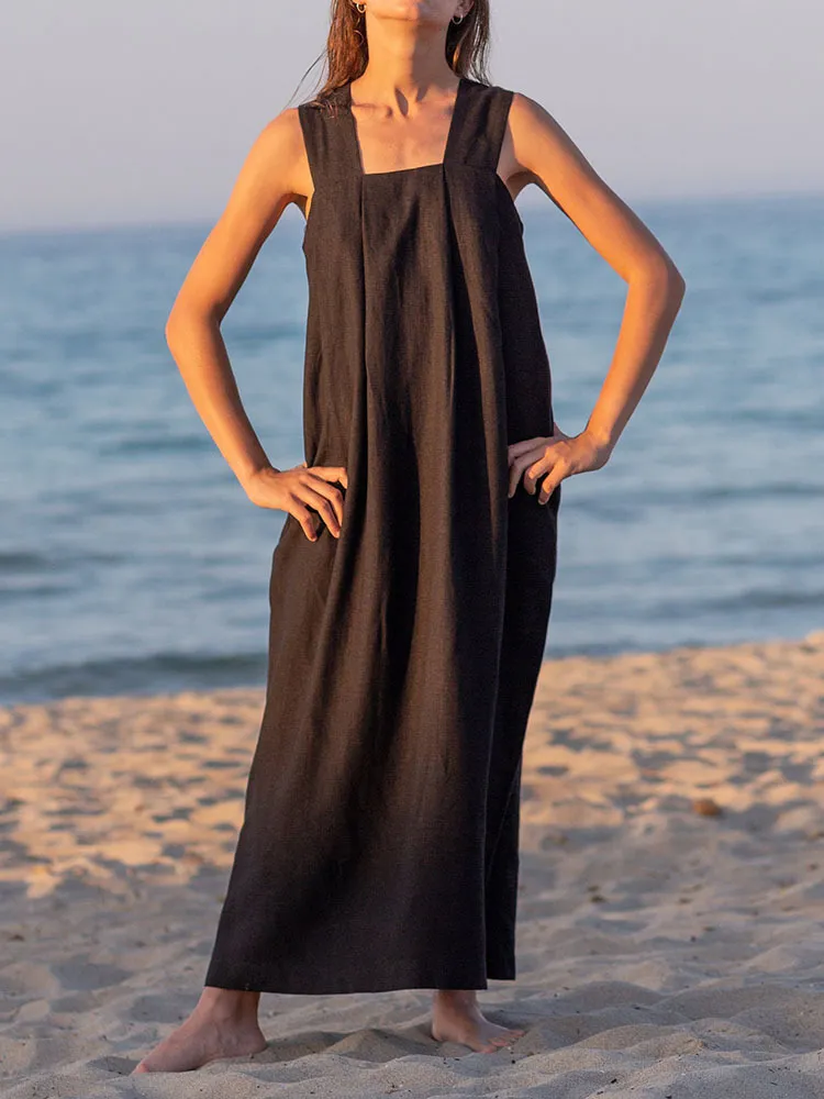 Vestido de linho e algodão solto e estiloso personalizado para uso casual