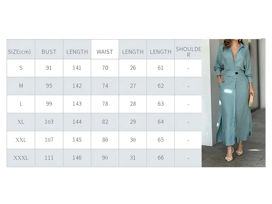 Vestido Camisa Feminino Sólido com Fenda Personalizável Casual Decote em V Manga Longa com Bolsos Saia Longa Vestido de Rua para Mulheres