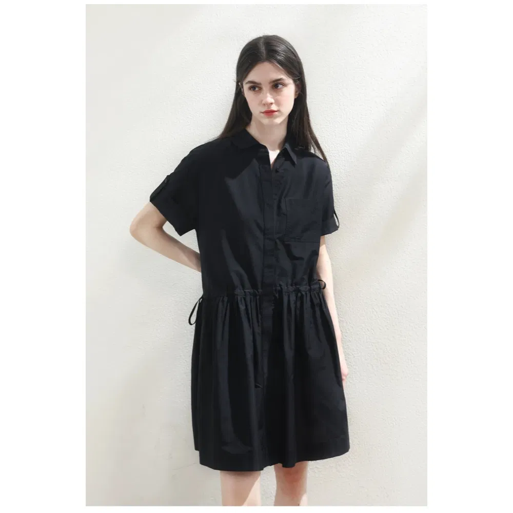 Vestido Midi Casual de Trabalho para Mulheres com Cintura Ajustável em Seda de Algodão de Luxo da China, Estilo Utilitário, Atacado