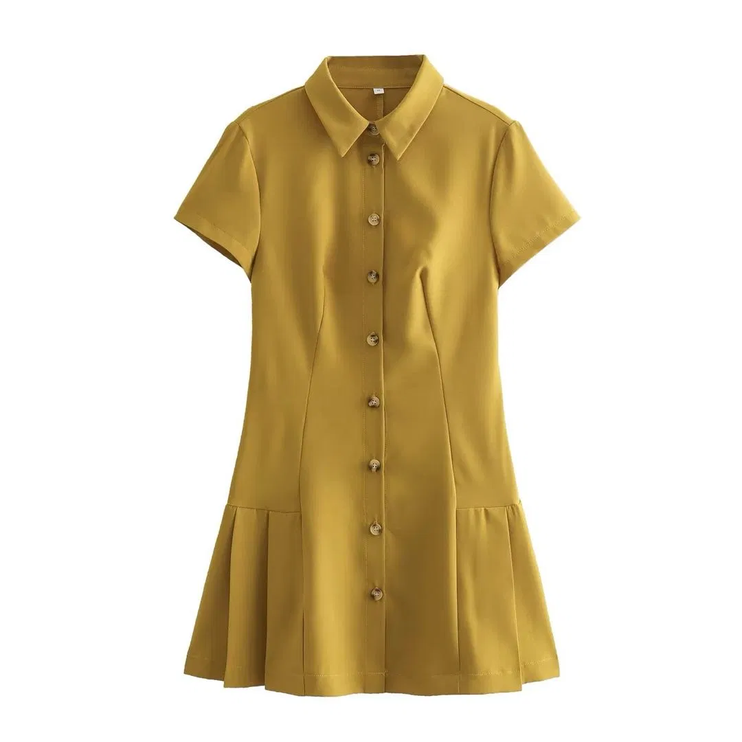 Vestido Camisa de Manga Curta com Botões e Barra Plissada Vestido Mini Casual para Mulheres Trabalho