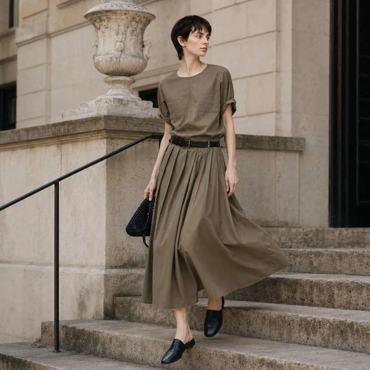 Vestido Midi com Gola Redonda, Manga Rolada, Bolso, Cinto na Cintura, Saia Plissada, Elegante para Trabalho e Casual, Tecido Personalizado, Estoque Pronto