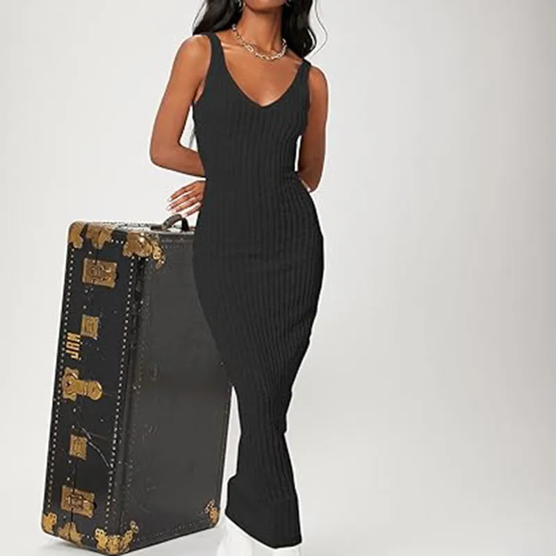 Vestido Midi Justo Feminino Sexy em Malha Canelada com Decote em V Casual Sem Mangas