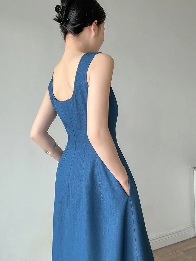 Vestido Maxi Azul com Decote Quadrado Elegante para Mulheres