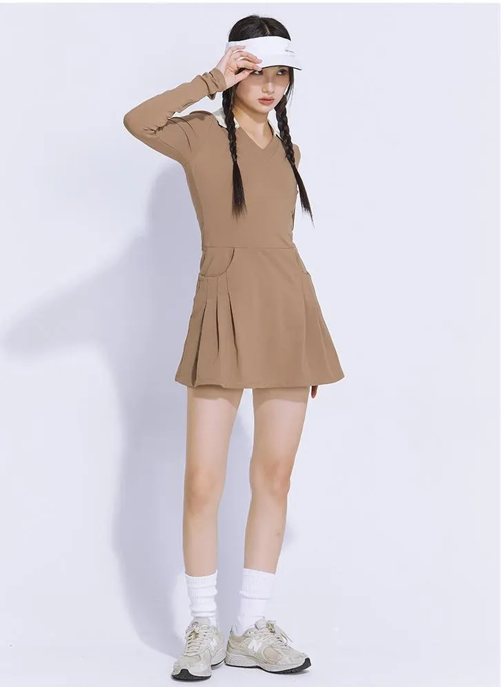 Saia de tênis de manga longa para outono e inverno, roupa de golfe feminina casual com bolso, vestido de tênis