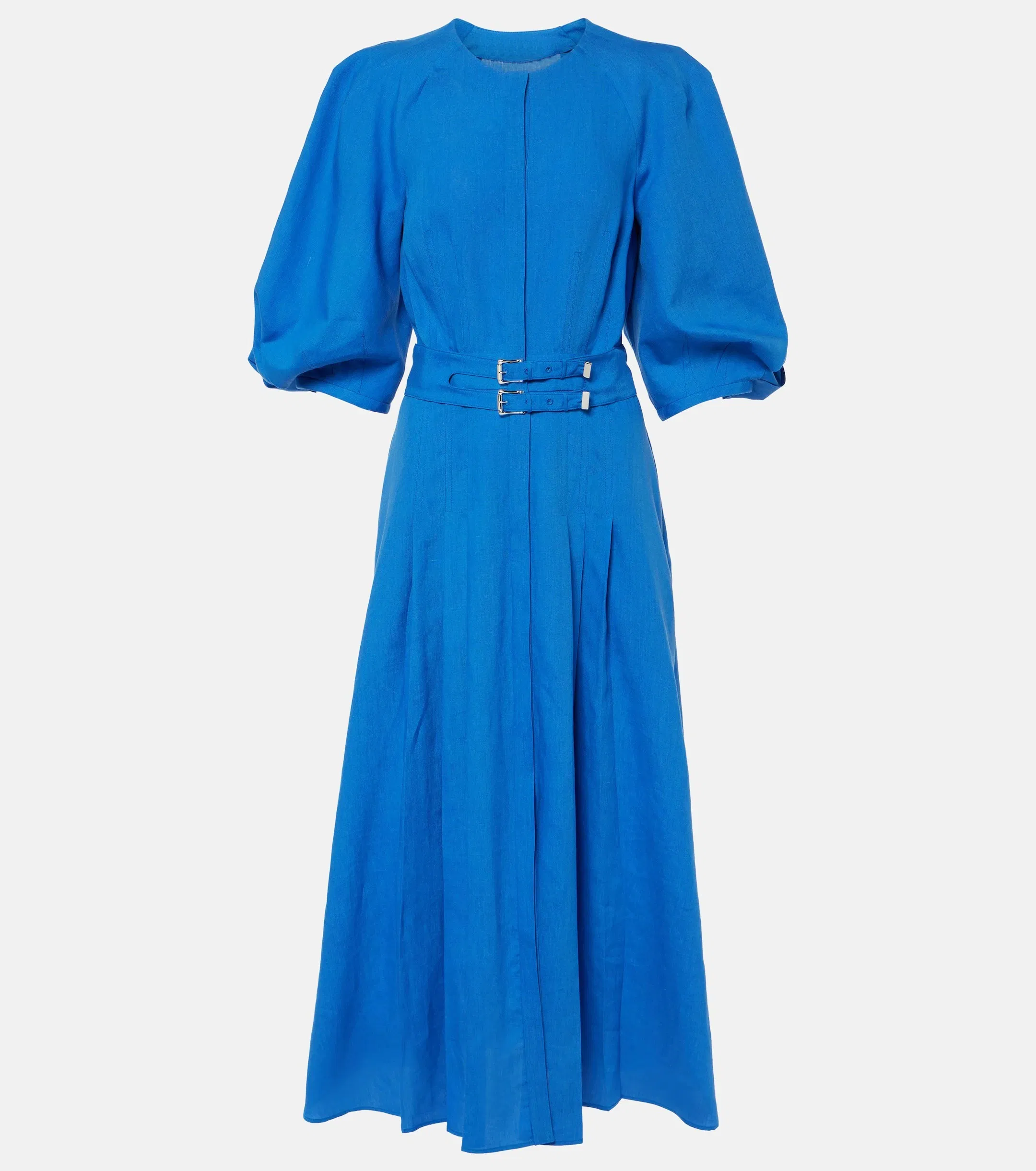 Venda por atacado de vestido casual de outono com mangas bufantes, botão frontal, cinto e pregas, vestido em mistura de algodão e linho, roupas femininas