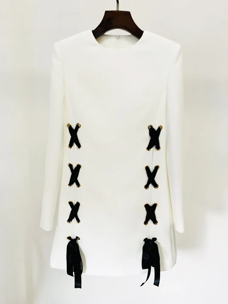 Vestido Casual de Manga Longa com Gola Redonda e Cinto de Fita Fashionável