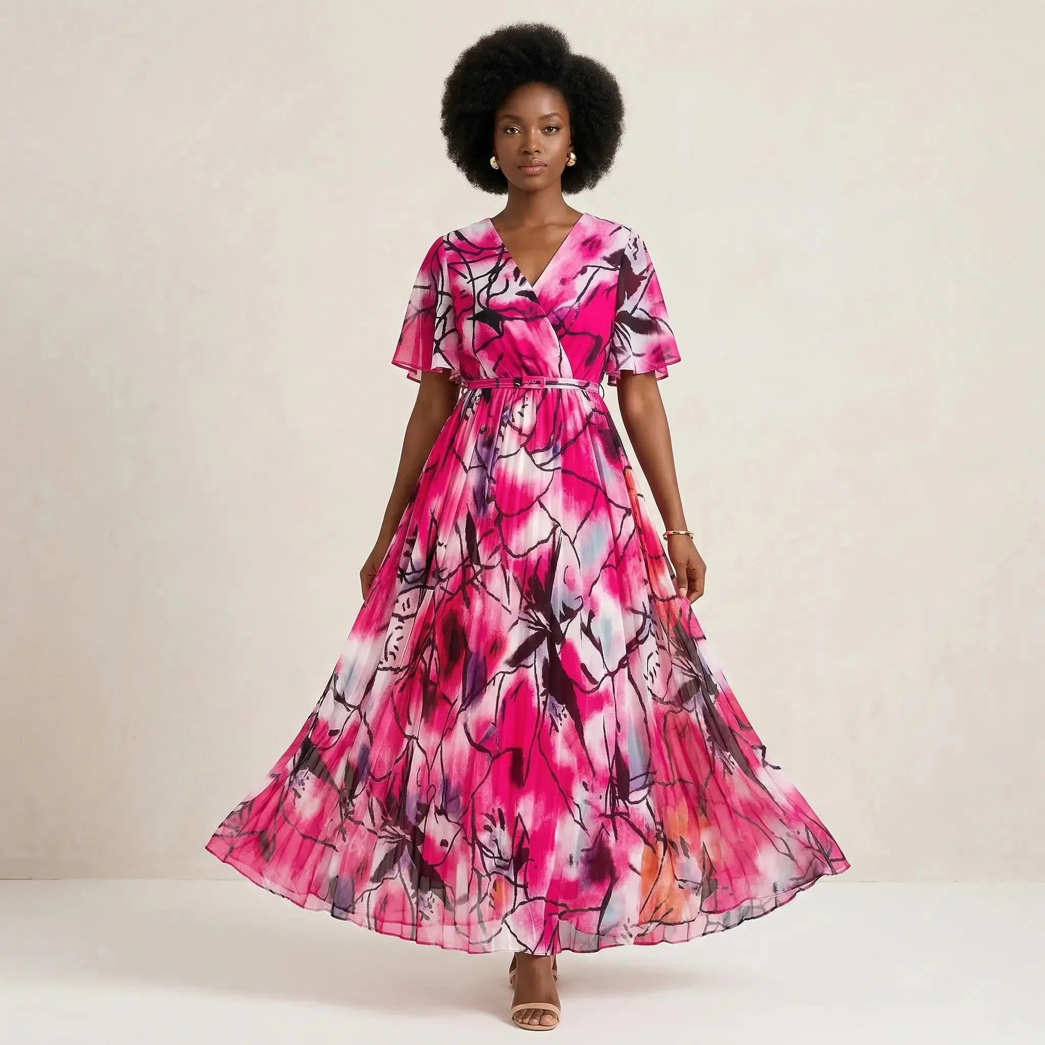 Vestido Europeu e Americano, Casual e Justo, Feminino de Gola Alta com Mangas Curtas, Elegante e Estampado