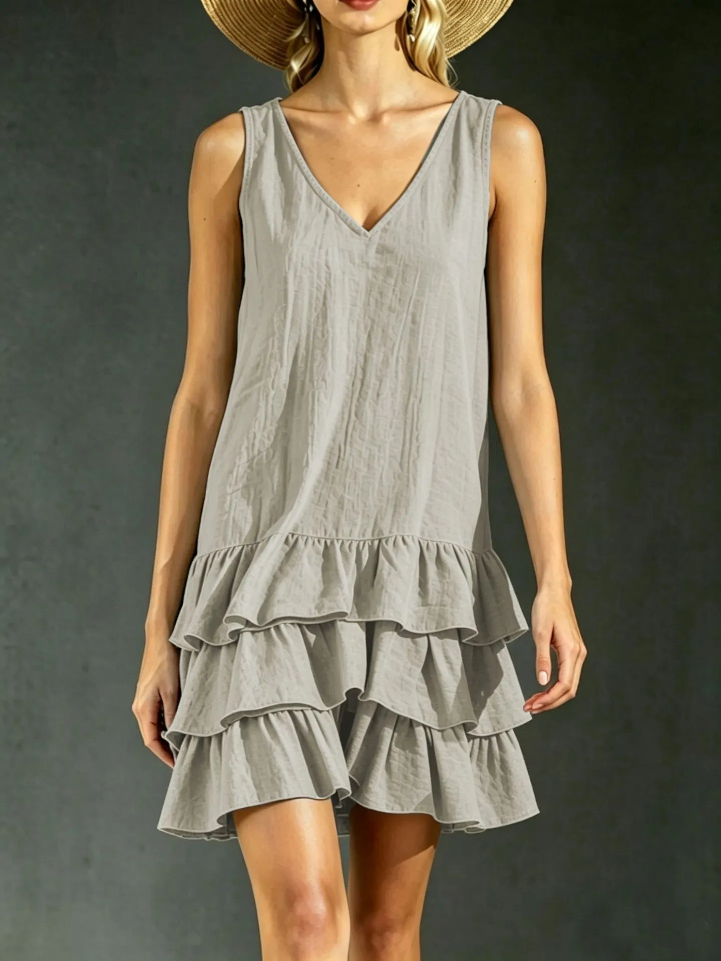 Vestido Mini Sem Mangas com Decote em V, Camadas de Renda, Vestido Casual em Linho para o Verão