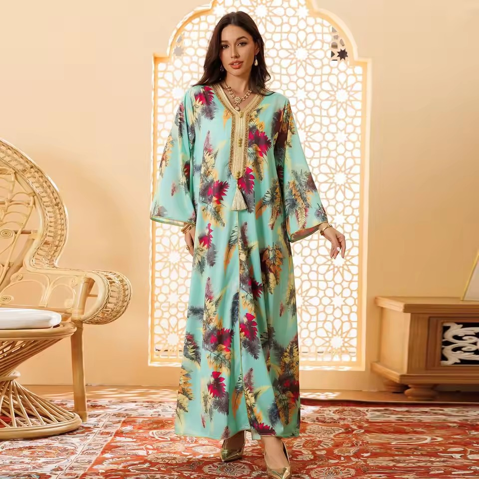 Novo Vestido Longo de Manga Longa Casual Estampado Elegante para Mulheres Muçulmanas
