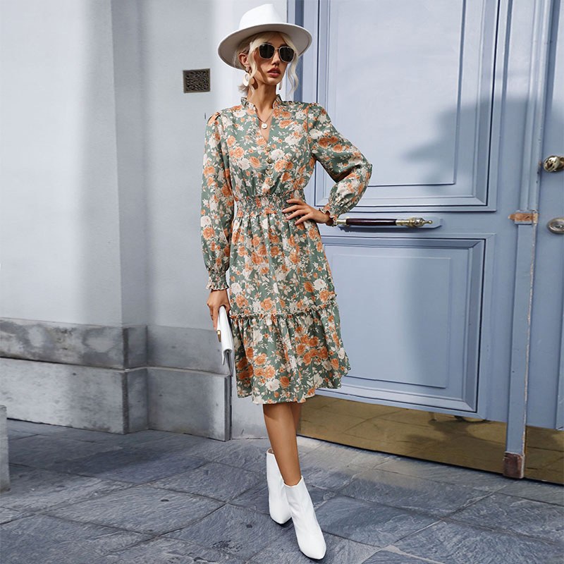 Vestido Floral Impresso de Manga Longa para Mulheres, Casual, Chic, Primavera e Outono, Roupas em Cores Múltiplas, Atacado