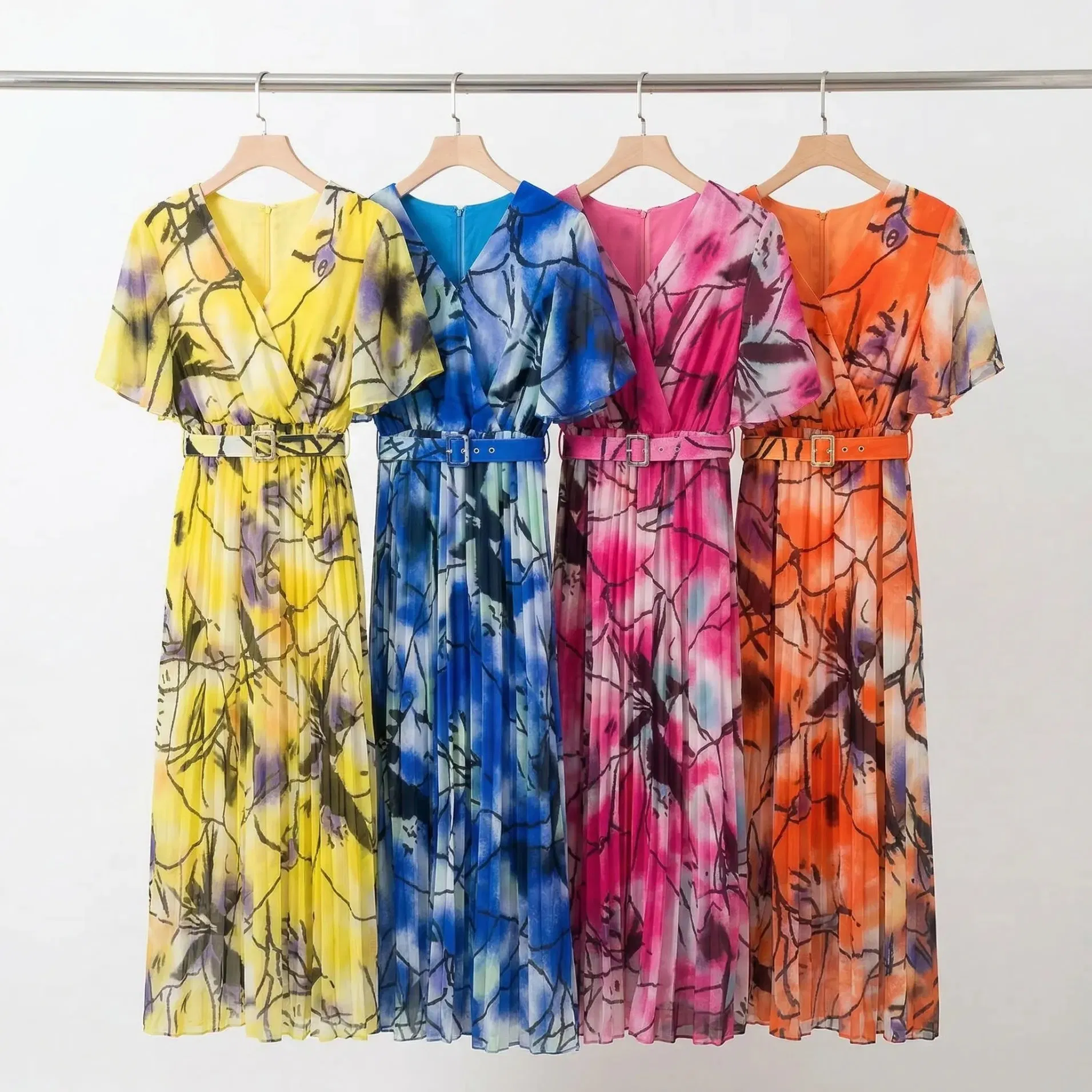 Vestido Europeu e Americano, Casual e Justo, Feminino de Gola Alta com Mangas Curtas, Elegante e Estampado