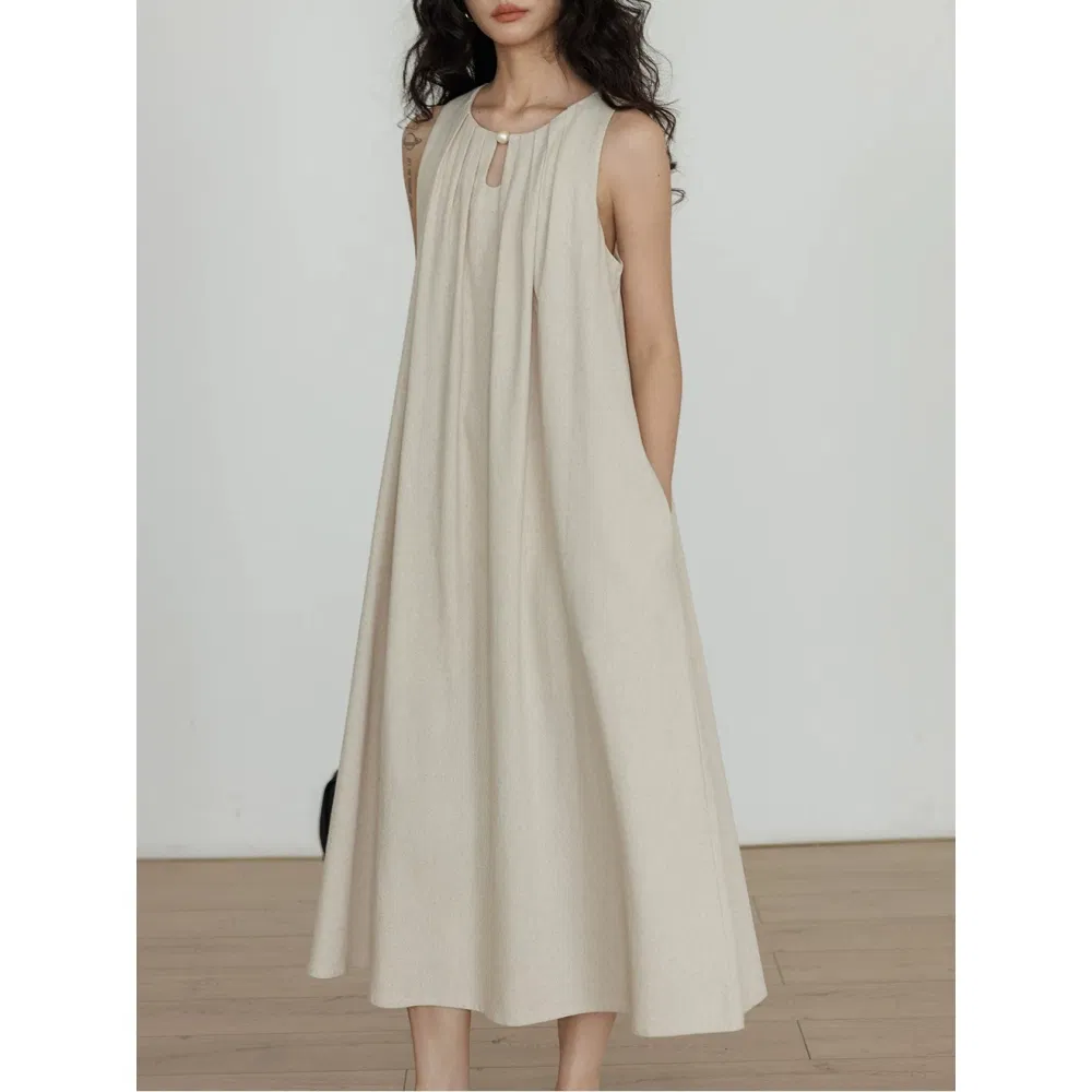 Vestido Maxi Sem Mangas de Algodão Linho Personalizado por Atacado da China para Mulheres Casual Resort