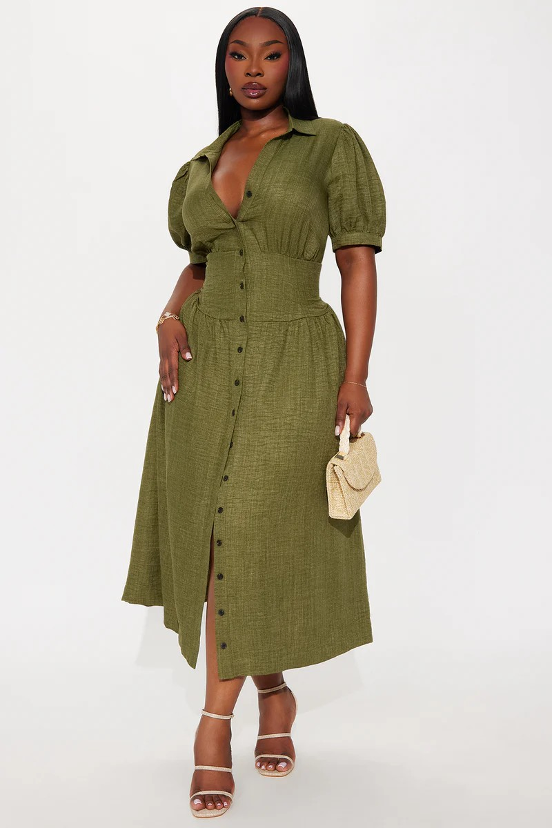 Vestido Maxi Longo de Linho Verde Oliva com Mangas Puff para Mulheres, Gola, Cintura Alta, Botões Frontais, Fenda Lateral, Look Casual de Verão