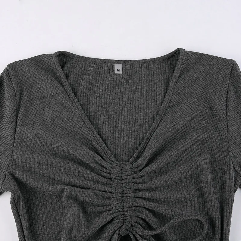 Vestido Justo de Malha com Mangas Longas e Cordão para Mulheres Casual