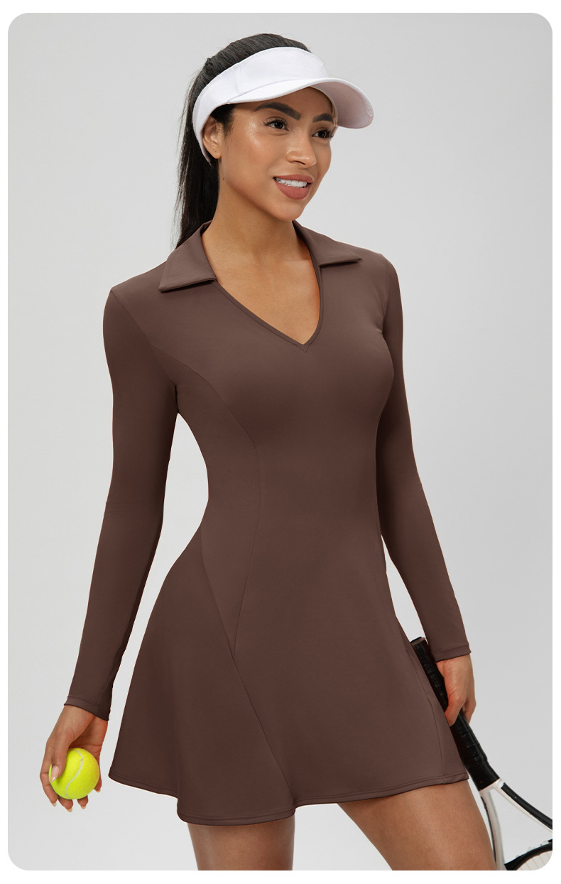 Vestido de Tênis de Manga Longa com Lapela, Secagem Rápida, Decote em V, Vestido Casual Esportivo Feminino
