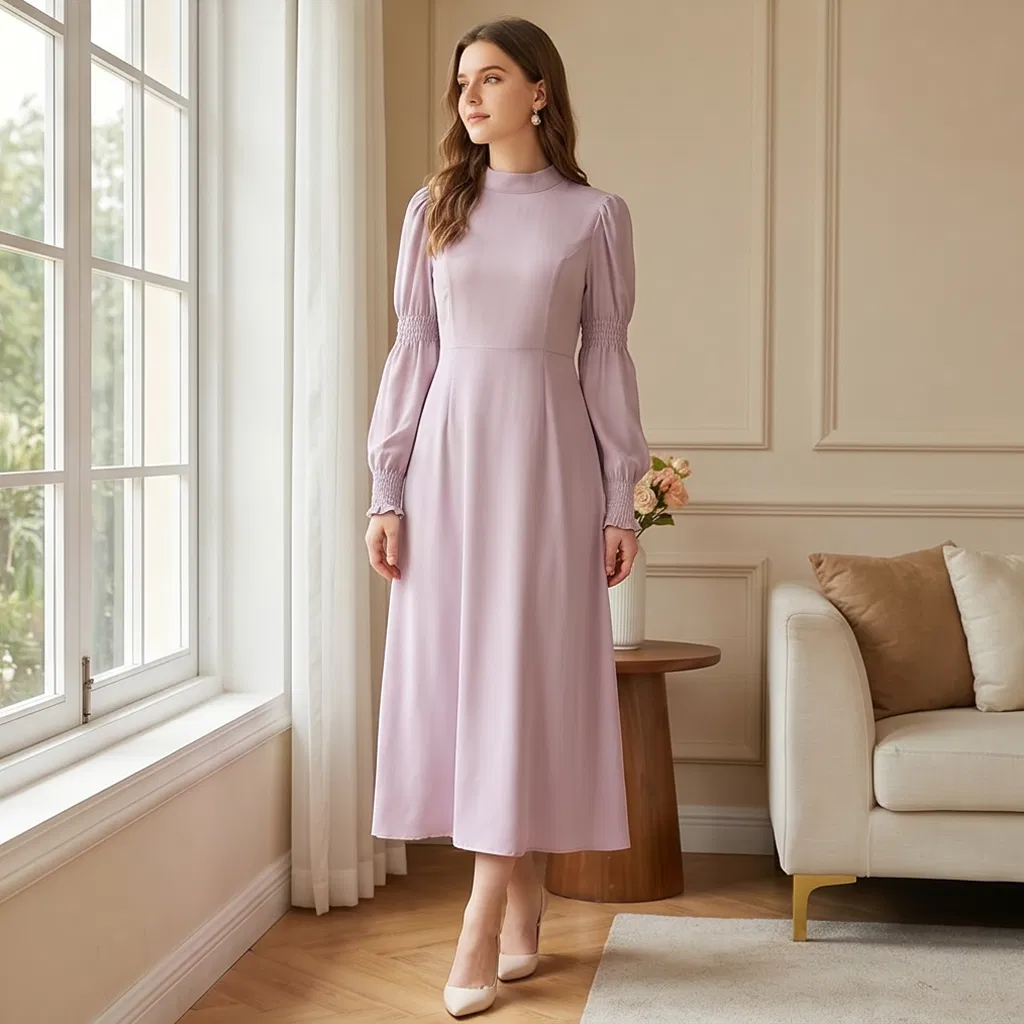 Vestido Midi Casual Elegante Modesto de Cor Sólida com Decote Alto, Mangas Bufantes e Elástico em Lavanda Enfumaçada para Mulheres