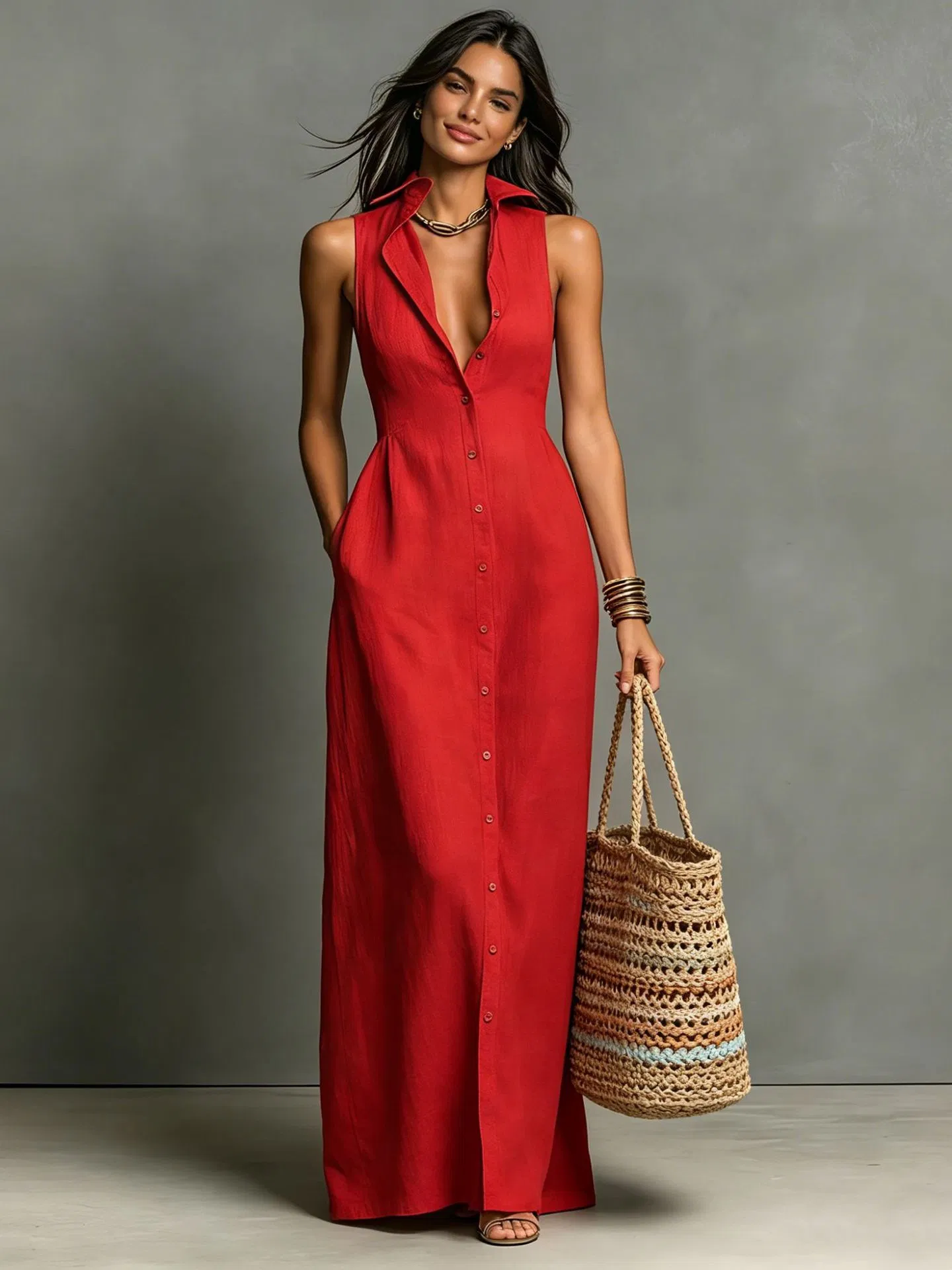 Vestido midi casual sem mangas com lapela e botões, em cor sólida, com bolsos