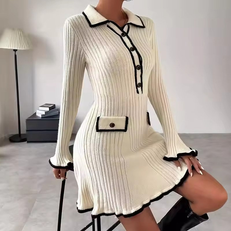 Vestido Elegante de Tricô para Mulheres, Suéter de Manga Longa, Malha de Inverno, Suéter de Botão, Vestidos Casuais para Mulheres