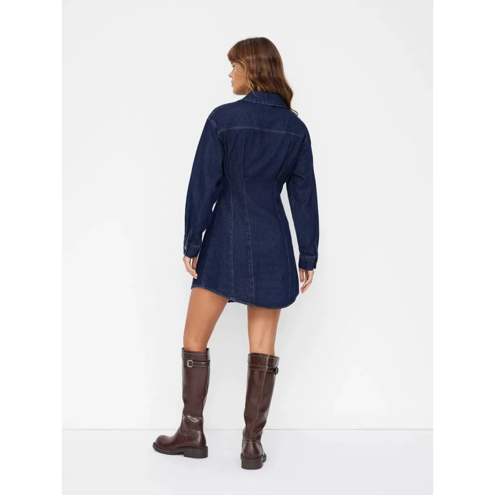 Vestido de Camisa de Denim Feminino de Qualidade Luxuosa para Primavera e Outono com Gola Lapel, Mini Plissado, Manga Longa, Casual de Negócios para Trabalho e Escritório
