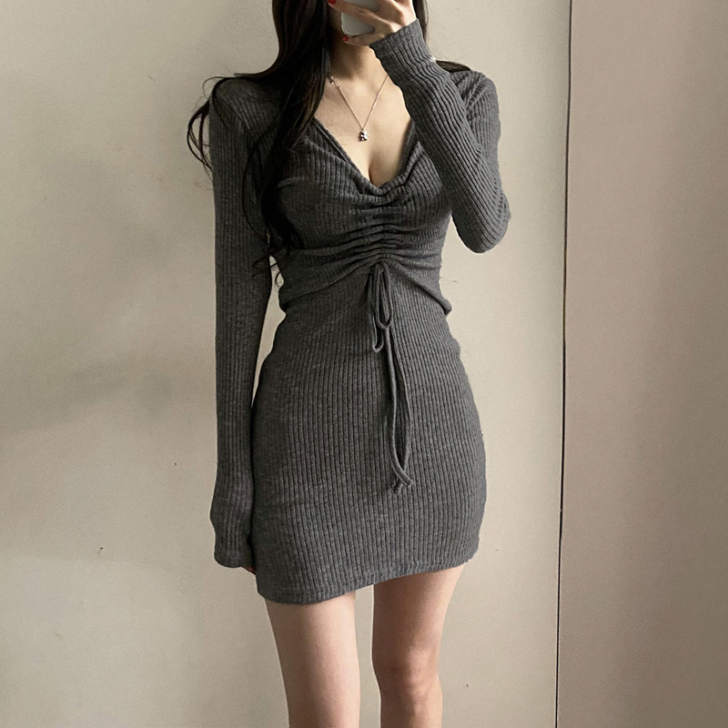 Vestido Justo de Malha com Mangas Longas e Cordão para Mulheres Casual