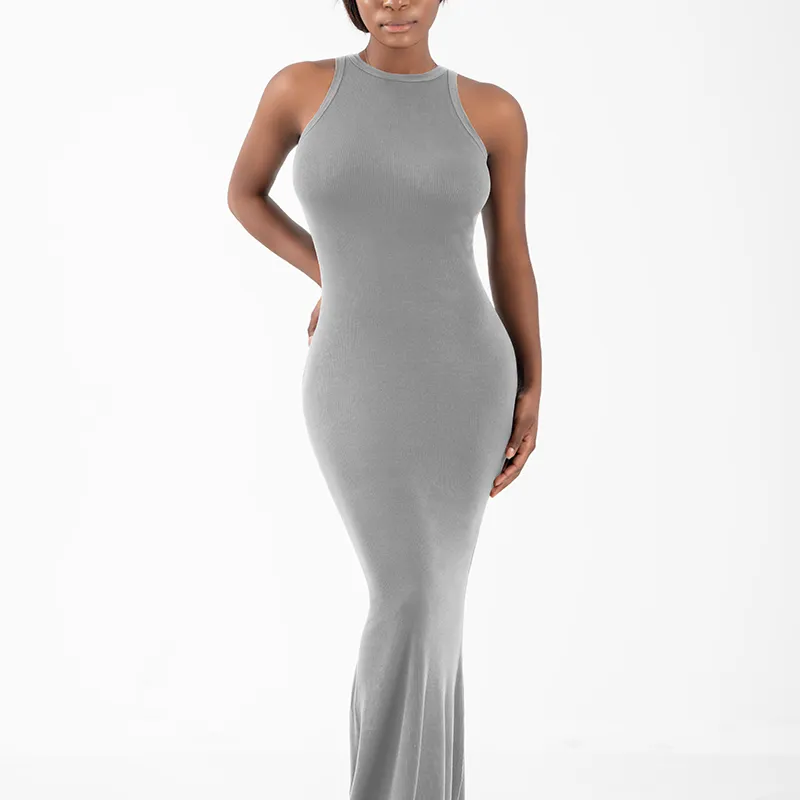 Vestido Maxi Casual Sem Mangas em Malha Ribana para Mulheres