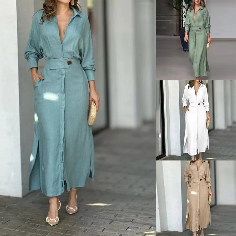 Vestido Camisa Feminino Sólido com Fenda Personalizável Casual Decote em V Manga Longa com Bolsos Saia Longa Vestido de Rua para Mulheres