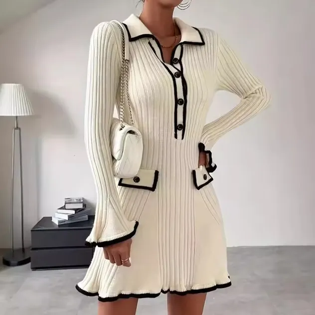 Vestido Elegante de Tricô para Mulheres, Suéter de Manga Longa, Malha de Inverno, Suéter de Botão, Vestidos Casuais para Mulheres