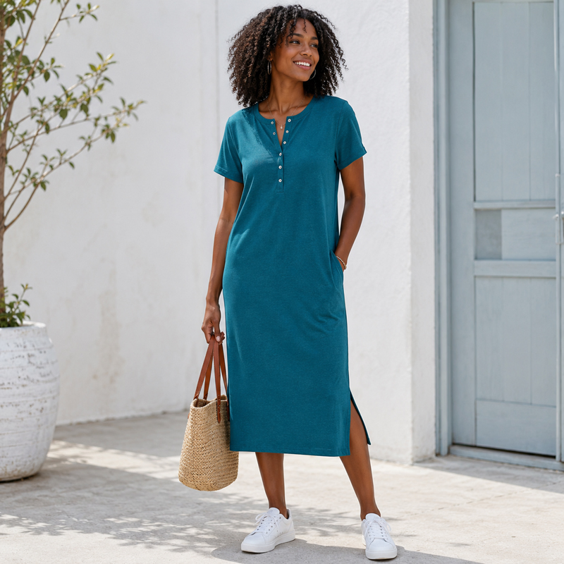 Fornecedor de Vestido MIDI Feminino T-Shirt OEM, Vestido Casual Inteligente para Escritório e Deslocamento Diário
