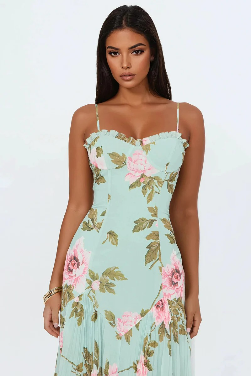Vestido midi de alças finas com estampa floral em verde menta, decote coração com babados, saia plissada, estilo bodycon, vestido de verão casual para encontros e férias, personalização OEM