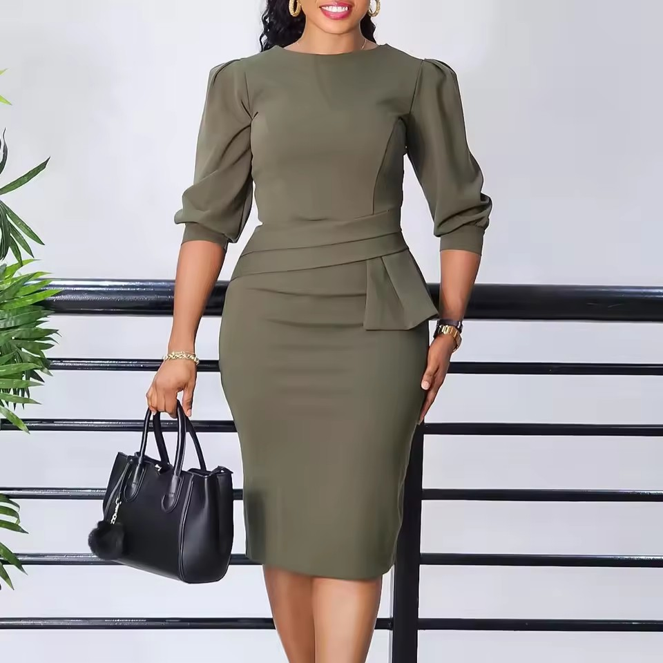 Vestido Formal Elegante de Comprimento Médio Casual Profissional de Manga Curta para Mulheres de Verão