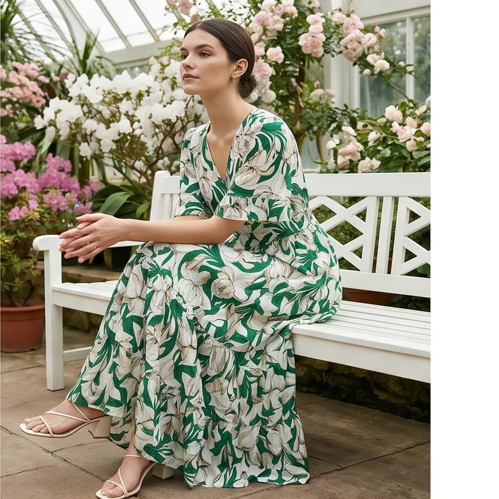 Vestido Midi Floral Verde Feminino com Decote em V, Mangas Curtas e Largadas, Cintura Império, Camadas de Renda, Vestido Longo Casual de Verão, Estampa Boho, Vestido Flowy para Férias