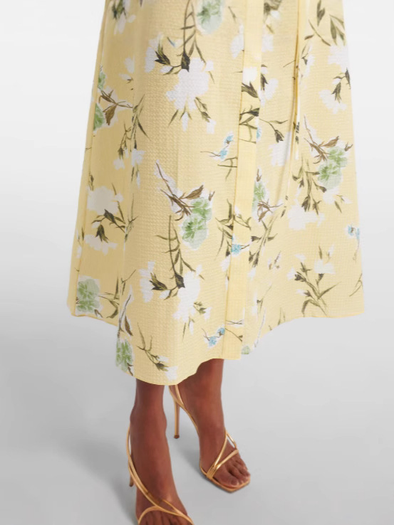Vestido Midi Camisa Floral Amarelo para Mulheres com Mangas Curtas e Cinto Amarrado Casual para o Verão