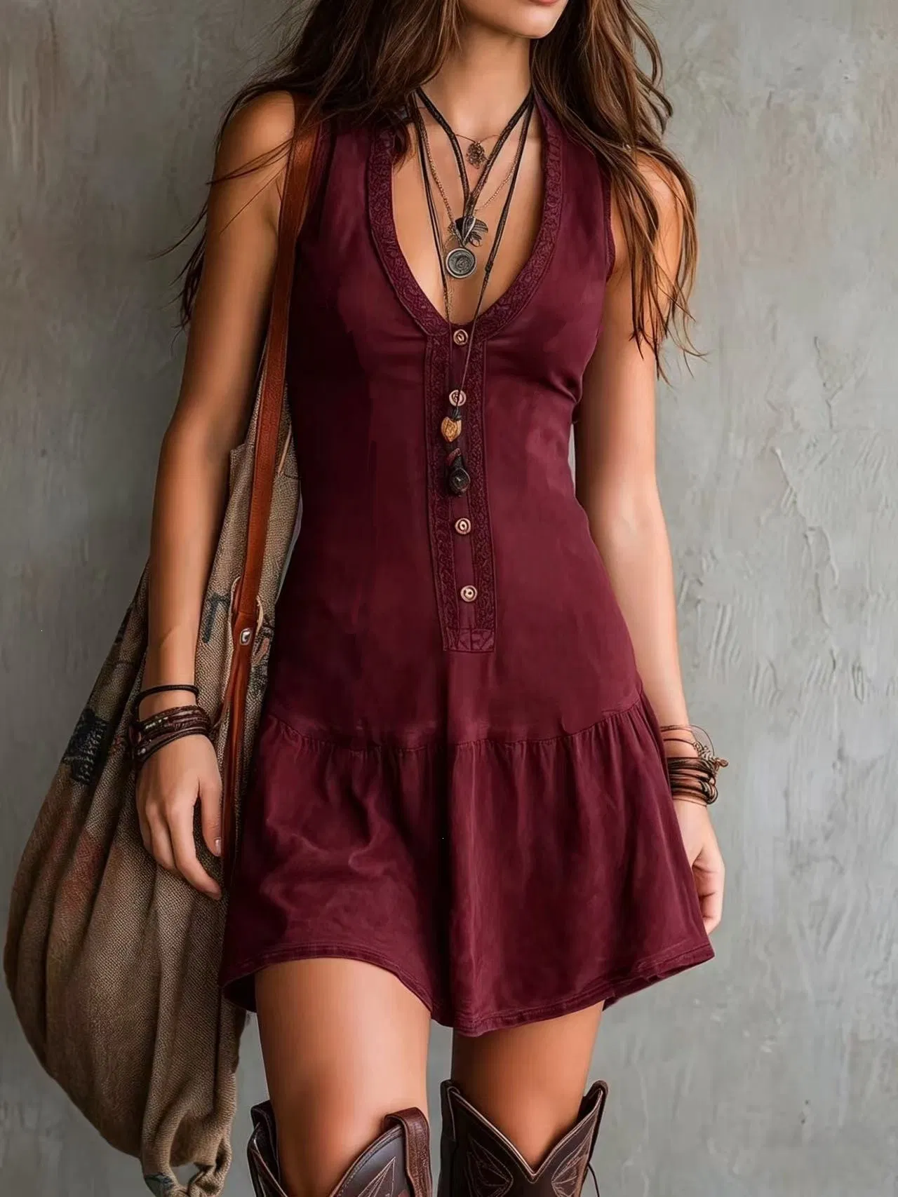 Macacão sem mangas feminino com decote em V e botões na frente, vestido mini boho com detalhes em renda, macacão casual de verão na cor vinho